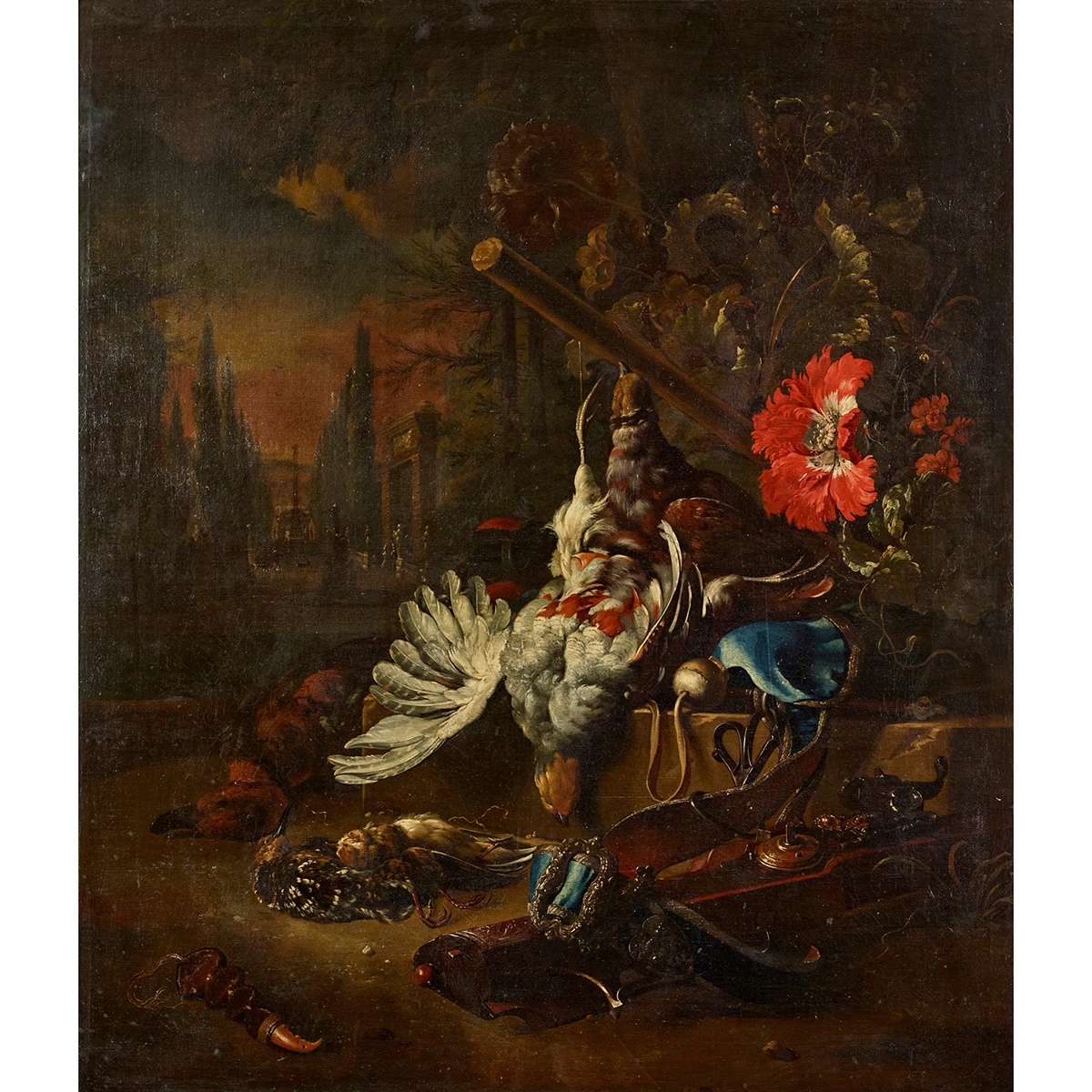 MANNER OF JAN WEENIX THE YOUNGER A STILL LIFE OF DEAD GAME, A FORMAL GARDEN IN THE DISTANCE
